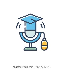 Symbolic illustration representing online education through graduation cap, computer mouse and a microphone. Flat design style with solid colors.