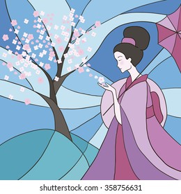 A symbolic illustration of spring.Spring decorates the trees. Decorative composition of stained glass. Vector