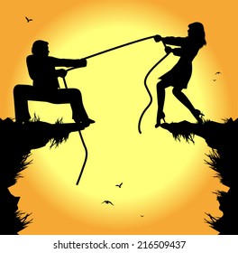 symbolic illustration, tug of war between man and woman