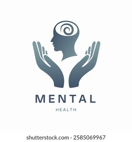 A symbolic illustration of two hands gently cradling a human head with a stylized brain inside, signifying care, support, and the importance of mental health.