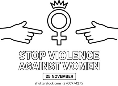 Symbolic illustration of two hands pointing towards a female gender symbol with a crown, advocating to stop violence against women on November 25th.