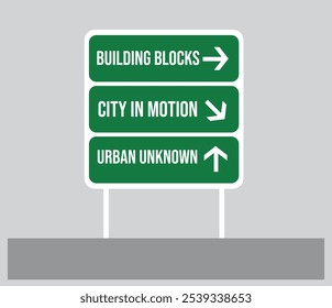 Symbolic illustration of urban exploration and discovery. Features a road sign with directional arrows pointing in different directions. Perfect for representing the unknown and adventure.