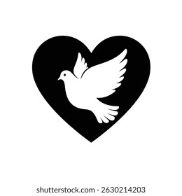 Symbolic illustration of a white dove in flight within a heart shape silhouette