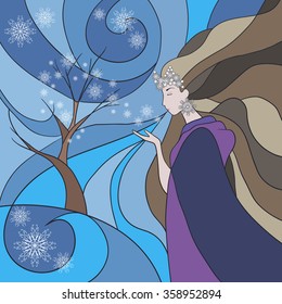 A symbolic illustration of winter. Wimter decorates the trees. Decorative composition of stained glass. Vector