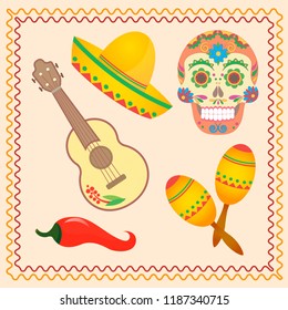 Symbolic illustrations for the Mexican holiday Dia de los Muertos. Skull with patterns, sombrero, guitar and maracas, hot chilli pepper. Vector illustration EPS10. 