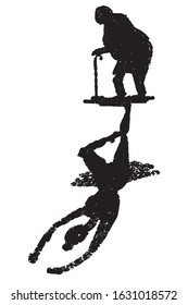 The symbolic image of aging: an elderly woman with a cane, who was a ballerina in her youth. Black and white sketch drawing.