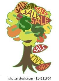 symbolic image of autumn tree from which the leaves come off with the words "sale"