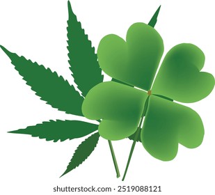 Imagem simbólica combinando uma folha de cannabis com um trevo de quatro folhas, representando um conceito único
