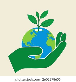 A symbolic image of the Earth, with a sprout growing from it, being gently held in a hand, representing our responsibility to care for the planet