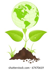 Symbolic image with green earth globe and leaves. Vector illustration.