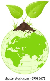 Symbolic image with green earth globe and leaves. Vector illustration.