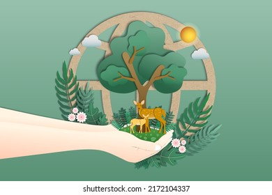 Symbolic image of hands holding a tree with deers that conveys environmental conservation on green background, Forest and wildlife ecology, Paper art style, Sustainable of resources and ecosystem.