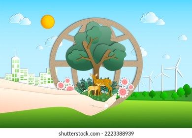 Symbolic image of hands holding a tree with deers that conveys environmental conservation on the city background, Forest and wildlife ecology, Paper art style, Sustainable of resources and ecosystem.