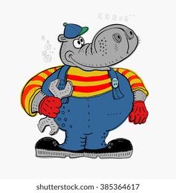 The symbolic image of a hippopotamus, who is engaged in repair.