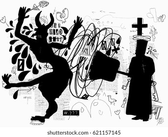 A symbolic image, like an Orthodox priest banishing the devil with a big broom.