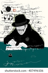 Symbolic image of a man who writes a letter with pen and ink.