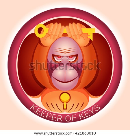 The symbolic image of a monkey with a door key. It can be used as a logo, design element, the sign for the entrance to the closed resources and so on.