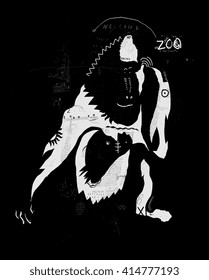 The symbolic image of a monkey in the form of silhouettes on a black background