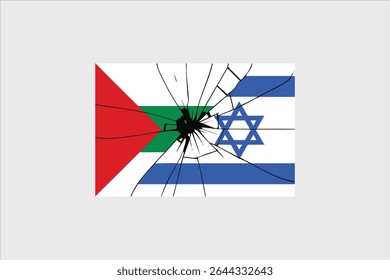 Uma imagem simbólica das bandeiras palestina e israelense combinadas, com um efeito de vidro estilhaçado originário do centro.
