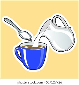 Symbolic image of the preparation of coffee with milk and sugar: milk is added to coffee from a jug, sugar is poured into coffee from a spoon.
