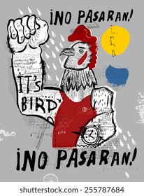 Symbolic image of a rooster, who clenched his fists Ino pasaran!(Spanish) - They shall not pass (English).