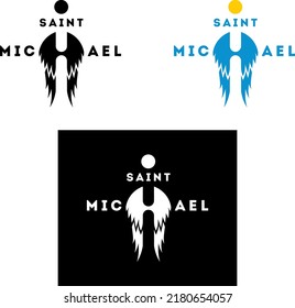 Symbolic image of the Saint Michael the Archangel. Angel wings, halo, text. Sign, symbol or logotype.