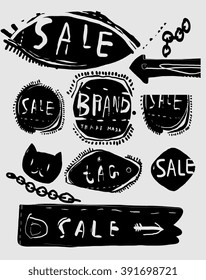 Symbolic image of silhouettes of sale labels on a gray background.