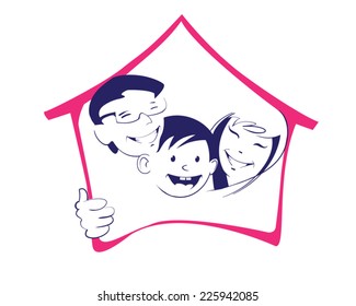 Symbolic image of a smiling family and the contour of their house