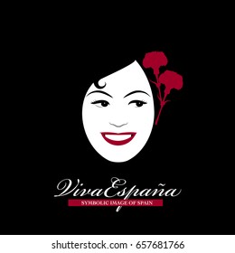  Symbolic image of Spain. Woman head with carnations in her hair. ("Viva España" means "viva or live Spain")