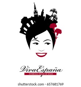  Symbolic image of Spain. Woman wearing comb with Spanish monuments. ("Viva España" means "viva or live Spain")