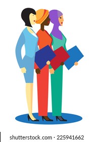 Symbolic image of three business women of Asian, African and Middle East