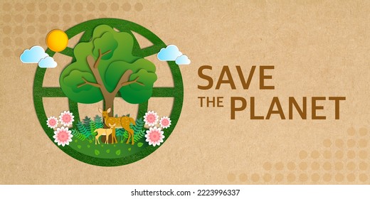 Symbolic image of the wild animals, The tree with deers that conveys environmental conservation on brown paper background, Forest and wildlife ecology, Sustainable of ecosystem and Save the planet.