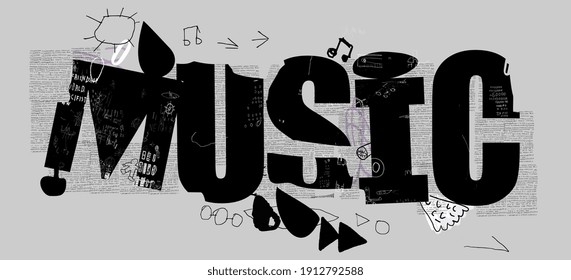 Symbolic image of the word "music", which is written in black and gray