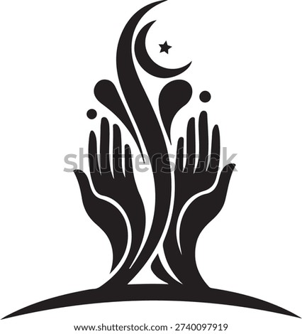 Symbolic Islamic hands reaching upwards towards a crescent moon and star representing prayer and devotion