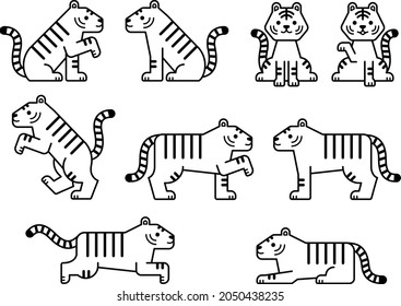 Symbolic line drawing illustration set of tigers in various poses