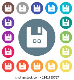 Symbolic link file flat white icons on round color backgrounds. 17 background color variations are included.