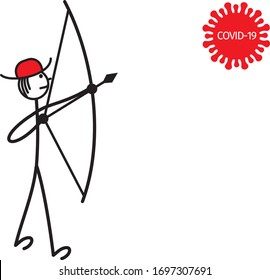 A symbolic little man shooting an arrow from a bow at the Covid-19 coronavirus molecule. Metaphor. Vector graphics.