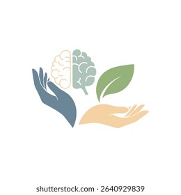 Symbolic logo featuring hands supporting a brain and a leaf, representing mental health, wellness, and natural well-being concepts.