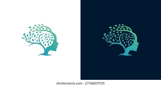 Logotipo simbólico que combina la cabeza humana y el árbol vibrante, que representa el bienestar mental, el crecimiento personal, la inteligencia natural y la conexión con el medio ambiente a través de un diseño reflexivo