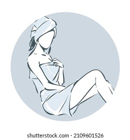 Symbolic logo, silhouette of beautyful young girl. Beauty salon sign. Woman relaxes after spa procedure. Vector contour, outline. 