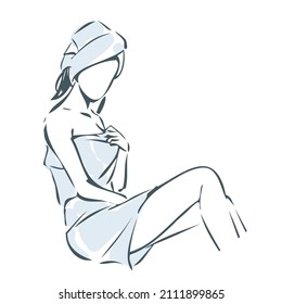 Symbolic logo, silhouette of beautyful young girl. Beauty salon sign. Woman relaxes after spa procedure. Vector contour, outline. 