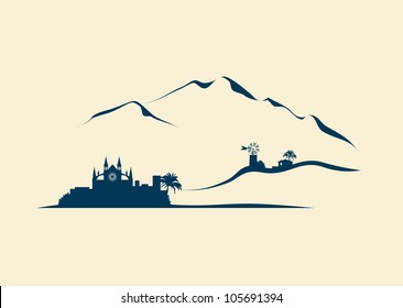 symbolic Majorca vector landscape with stylized silhouette of Palma