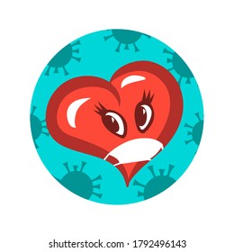 Symbolic masked heart and coronavirus. Danger of kisses and loving hugs during a pandemic. Vector isolated illustration in cartoon style.