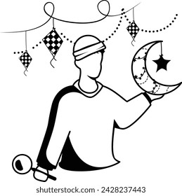 Symbolic Moon sighting ritual vector design, Eid al-Azha Eid ul Kabir Symbol, Hajj Sign, Muslims religious Festival Stock illustration, Muslim Boy holding Crescent Moon and Magnifier Glass concept