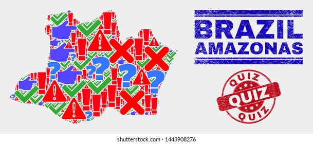 Symbolic Mosaic Amazonas State map and seal stamps. Red round Quiz scratched seal. Colorful Amazonas State map mosaic of different randomized icons. Vector abstract composition.