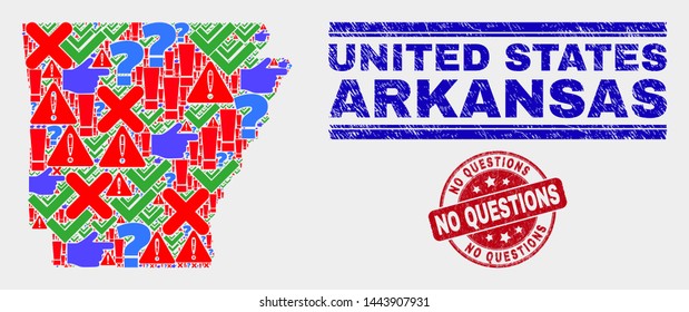 Symbolic Mosaic Arkansas State map and seal stamps. Red rounded No Questions textured seal. Colorful Arkansas State map mosaic of different randomized symbols. Vector abstract composition.
