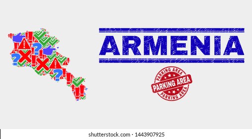 Symbolic Mosaic Armenia map and seal stamps. Red round Parking Area distress seal stamp. Bright Armenia map mosaic of different randomized items. Vector abstract collage.