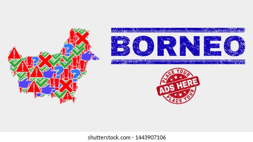 Symbolic Mosaic Borneo map and watermarks. Red rounded Place Your Ads Here grunge watermark. Colored Borneo map mosaic of different random icons. Vector abstract collage.