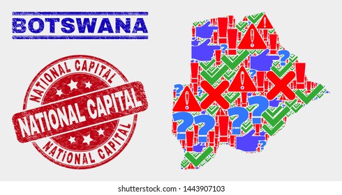 Symbolic Mosaic Botswana map and watermarks. Red rounded National Capital distress stamp. Colored Botswana map mosaic of different randomized elements. Vector abstract composition.