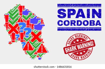 Symbolic Mosaic Cordoba Spanish Province map and seal stamps. Red round Shark Warning! grunge seal stamp. Colored Cordoba Spanish Province map mosaic of different randomized icons.